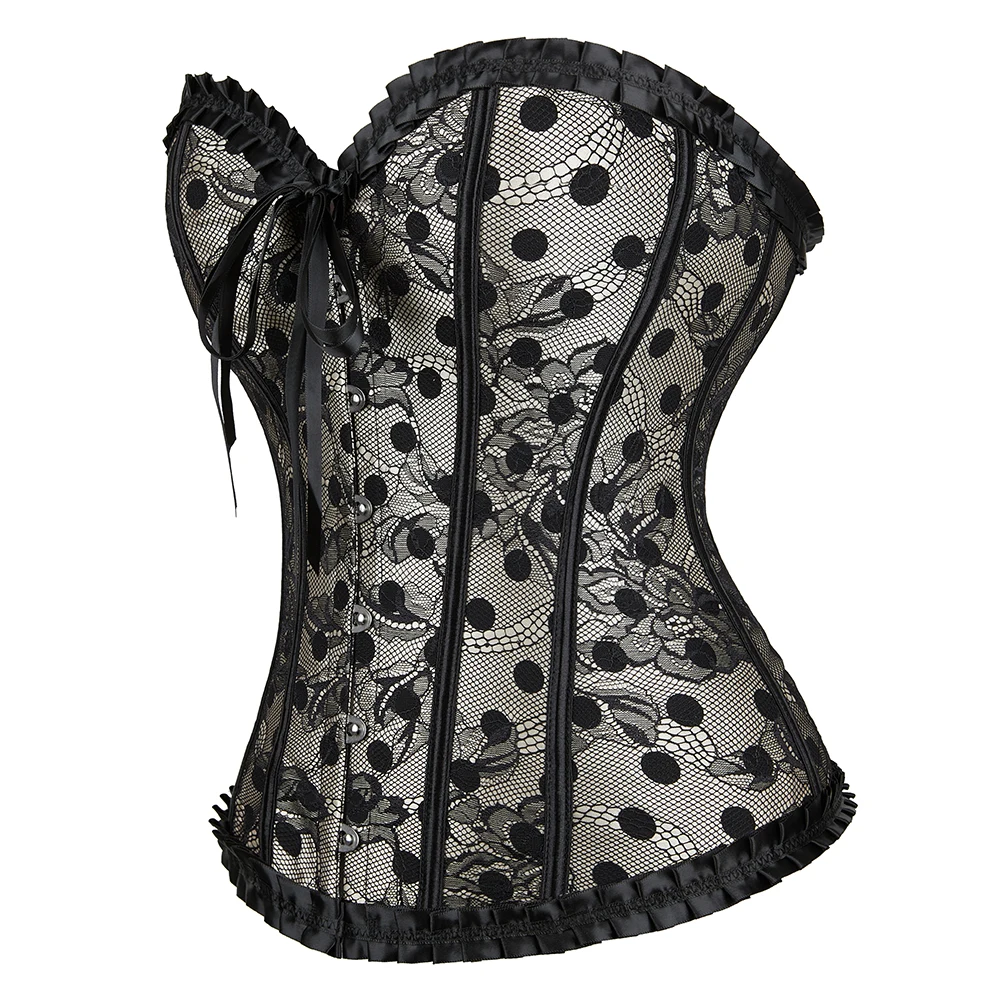 

Women Black Polka Dot Overbust Corset Beige Waist Bustier Top Body Shaper Slim Corselet