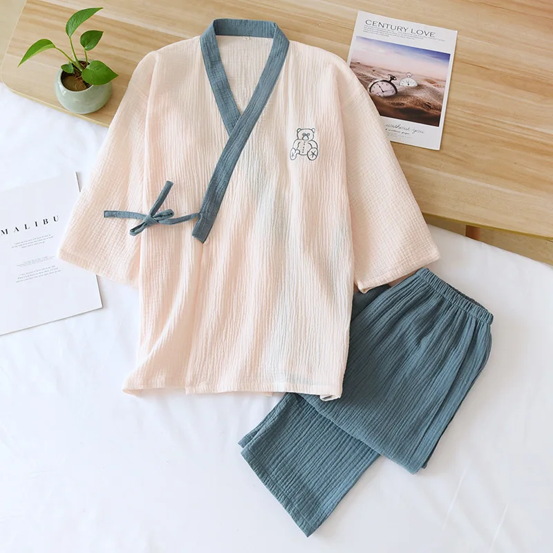 Spring/Summer New Japanese Kimono Suit Ladies 100% Cotton Crepe Pajamas Long Sleeve Pants Two Piece Loose Lace Up Homewear