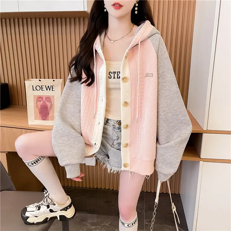 Kontrast Nähte Twist Design Mit Kapuze Sweatshirt frauen Outwear 2025, Frühling Herbst Neue Mode Lose Chic Casual Mantel Tops