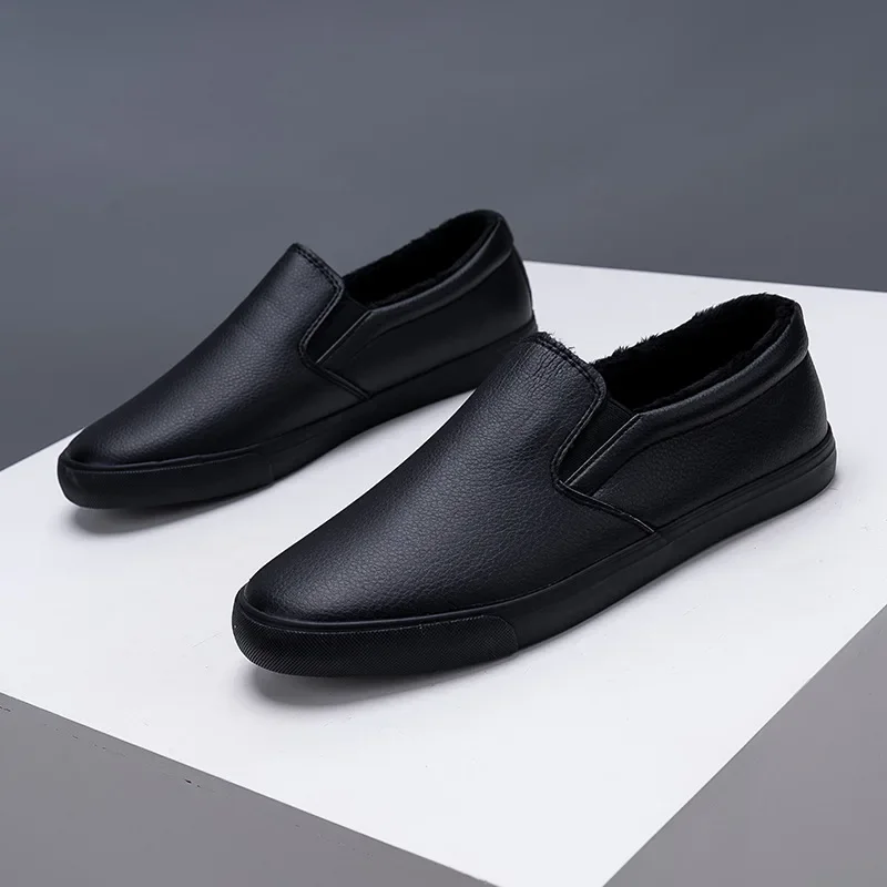 2024 Winter Footwear Men Loafers All Black Shoes Warm Plush Cold Winter Mens Casual Shoes Slip-on Male Flat Shoes KA4040