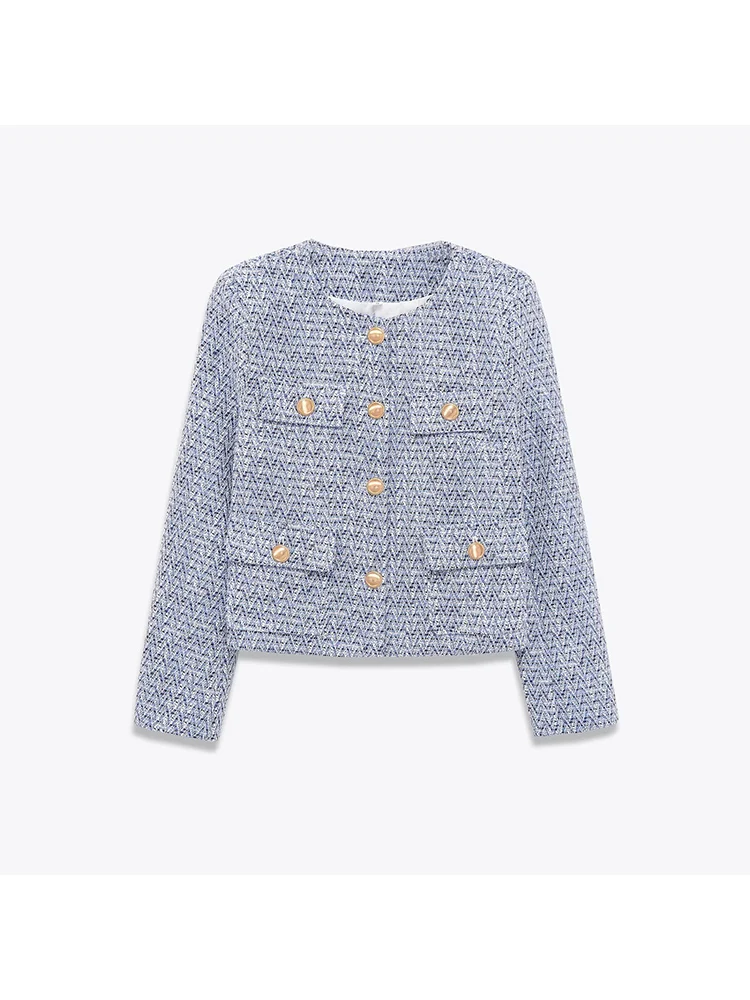 

Новая женская мода в европейском стиле, универсальная однобортная куртка с небольшим ароматом и круглым воротником