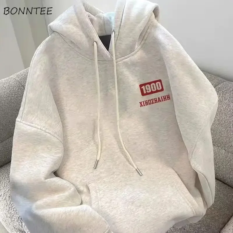 

Plus Velvet Hoodies Men Letter Printing Hooded Warm Thick Autumn Winter Handsome All-match Outwear Chic Pockets Popular Couples