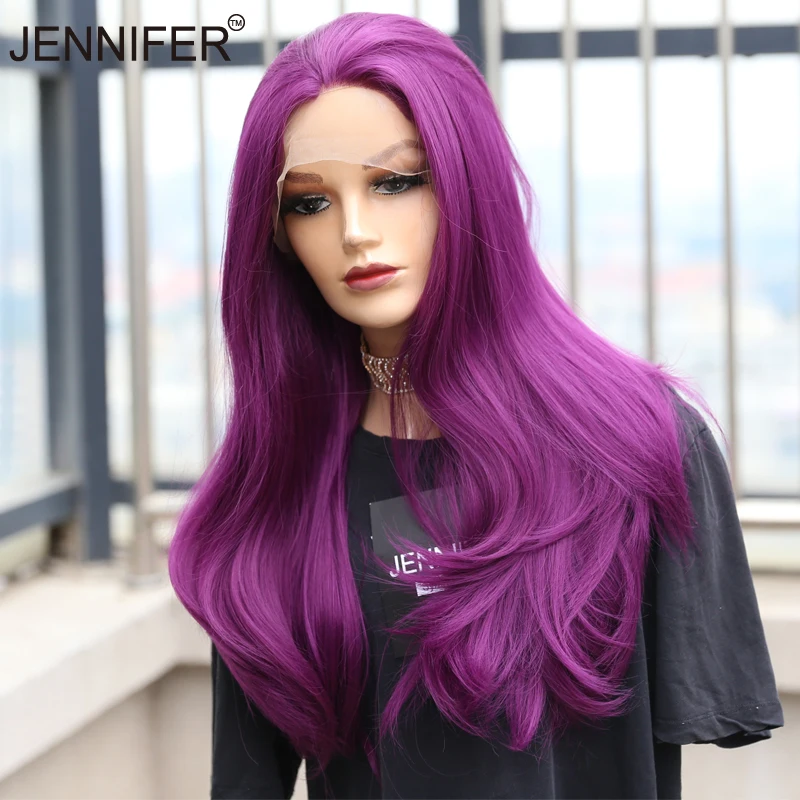 

Synthetic Long Straight Wigs With Lace Front Female Nature 24inch Purple Color Heat Resistant Fiber Hair Party/Daily/Cosplay