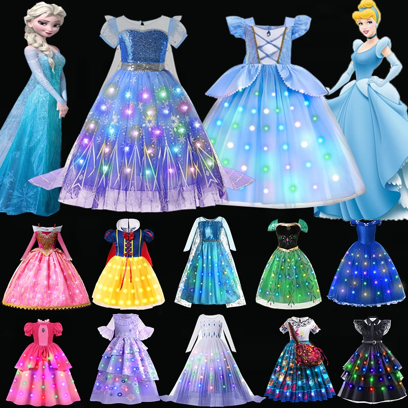 Disney Frozen Elsa Cinderela Role Playing Dress for Kids Halloween Festa de Carnaval Meninas Birthday Princess Glowing Vestidos