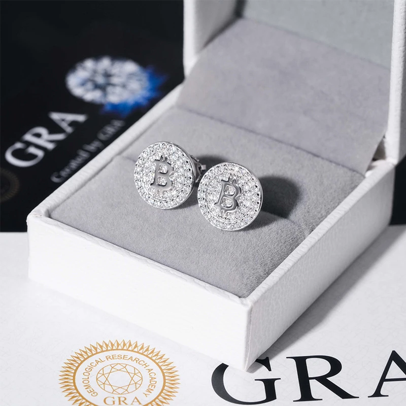 12mm Bitcoin S925 Silver Moissanite Triple Sta Earrings Iced Out For Men Women Hip Hop Jewelry Pass Diamonds Tester With GRA