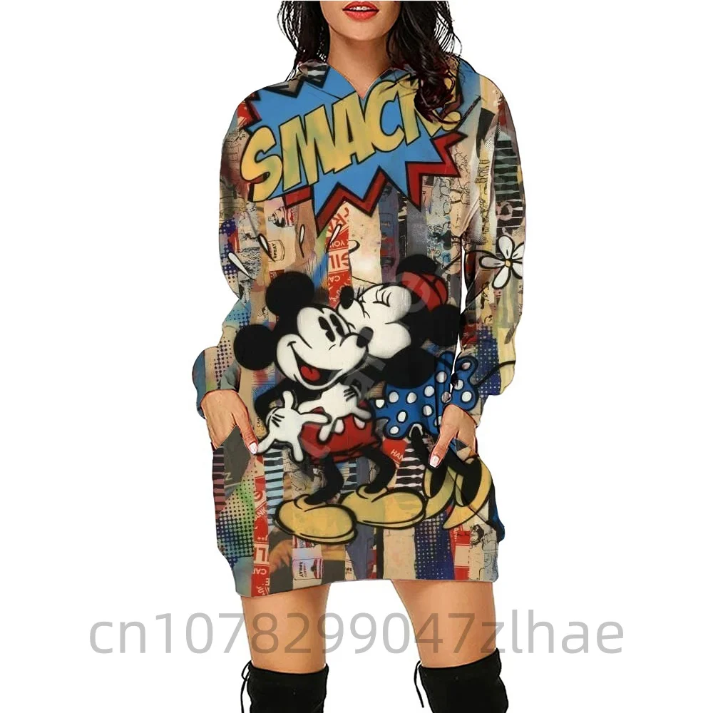 

Новая модная толстовка с капюшоном Disney серии с Микки Маусом и Минни, повседневное женское теплое платье в уличном стиле с длинным рукавом