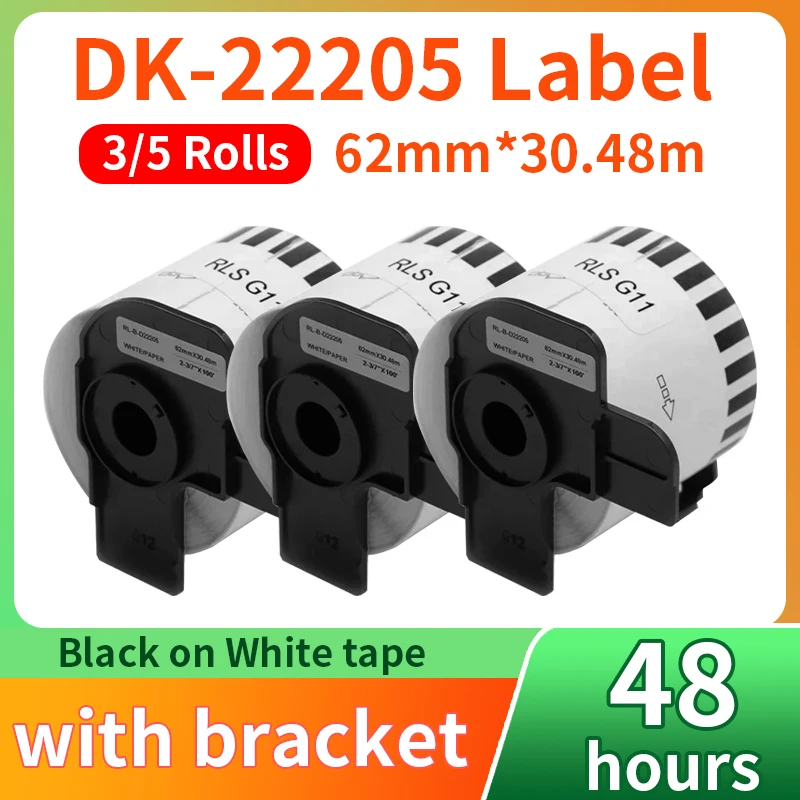 3/6 Rolls DK-22205 dk2205 Label Thermal Paper 62mm x 30.48m Continuous for Brother QL-500/500A/550/560/700/570VM/800N/600TD