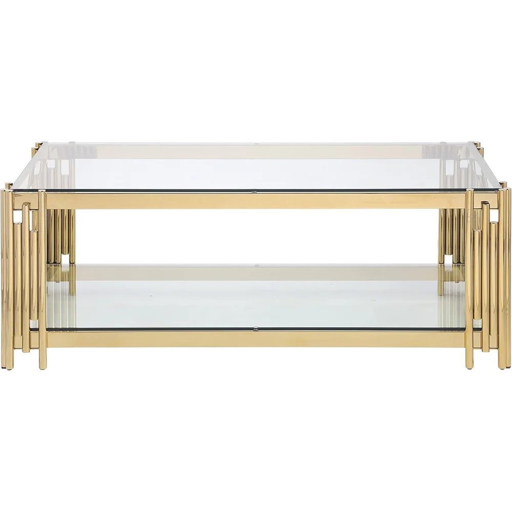 48" Gold & Glass Rectangular Coffee Table - Living Room Center Table with Glass Top & Golden Stainless Steel Legs