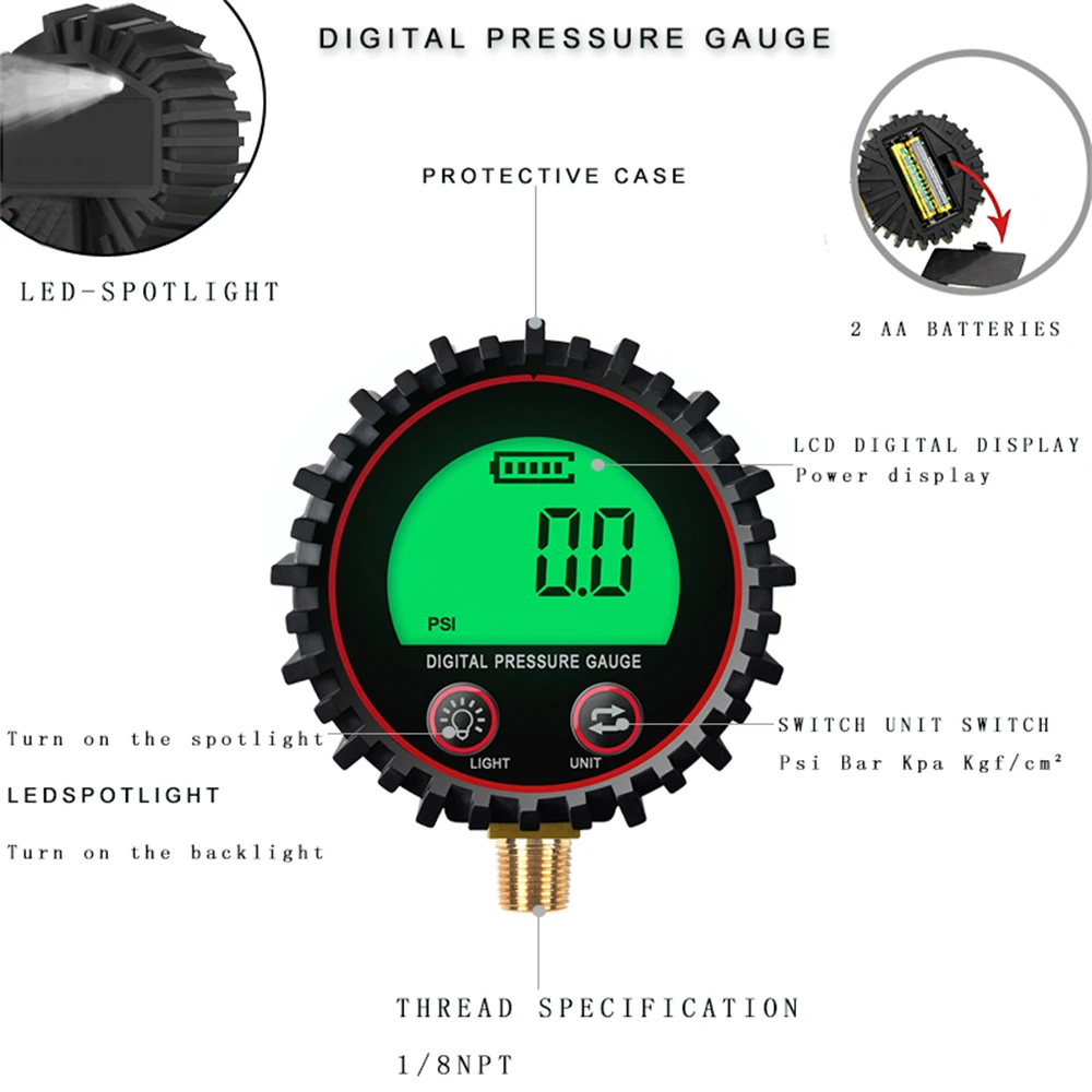 255PSI Digital Gas Pressure Gauge Accuracy 1% with M11 1/4 1/8NPT Screw Thread Connector Rubber Protector For Car Truck