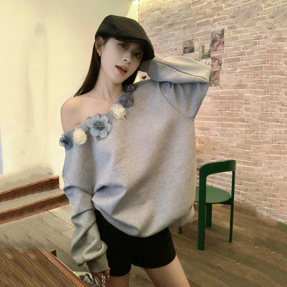 

Grey 3D Flower Off Shoulder Hoodie for Women Autumn New Sweatshirts Sexy Casual Loose Tops Female 2024 New Irregular Pullovers