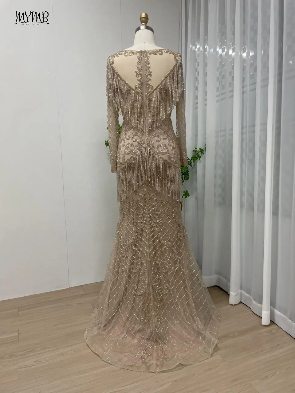 MYMB 골드 두바이 화려한 인어 페르시 Tassel 이브닝 드레스 여성용 웨딩 파티 아랍어 긴 소매 볼 가운 MB40097