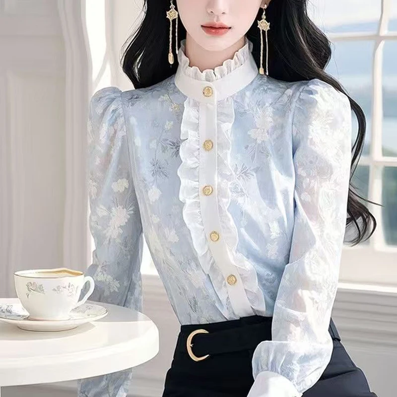 

Elegant Fashion Women Shirt Spring Long Sleeve Patchwork Ruffles Tops Single-breasted Ruffles Collar Office Lady Blouse