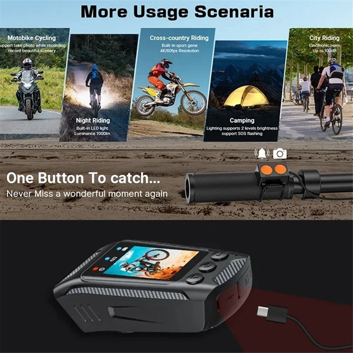 B49C3 in 1 Multifunctional Sports DV Dash Cam with Lighted Speaker 4K Bicycle Helmet Sports Camera Motorcycle Riding Camera