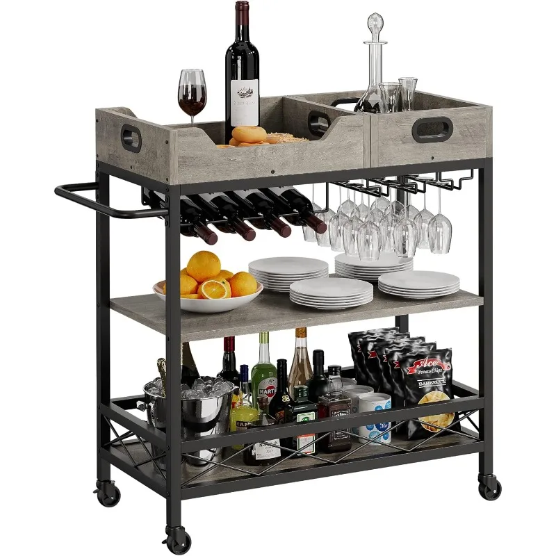 

3 Tier The Home Grey Bar Cart with Wheels, Two Portable Trays, Wine Rack, Glasses Holder, Industrial Serving Cart for Kichen