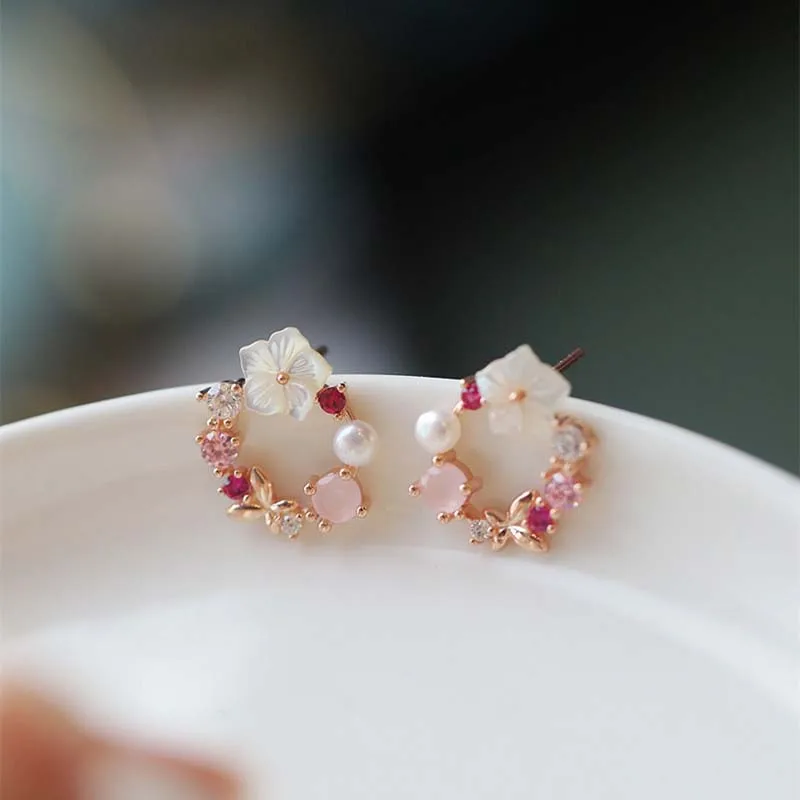 Y2k Pink Crystal Flower Pearl Butterfly Ear Studs Summer New Arrival Korean Fashion Luxury Hoop Earrings For Women Jewelry Gift image 4