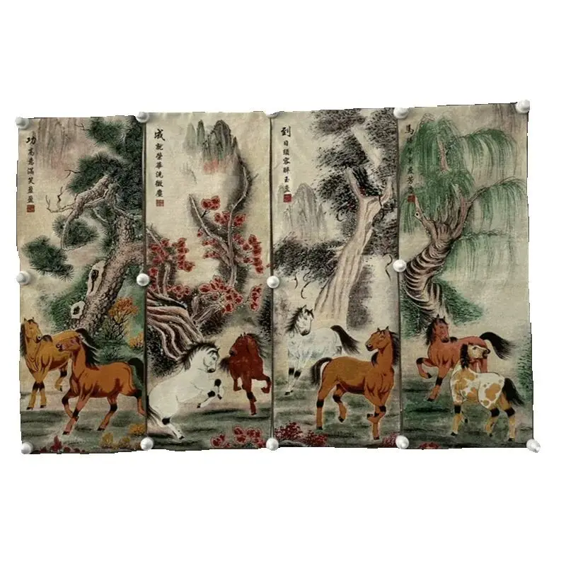 Chinese Old Color Brocade Four Screen Eight Horses Diagram Embroidery Painting Decorative Artwork for Home Decor