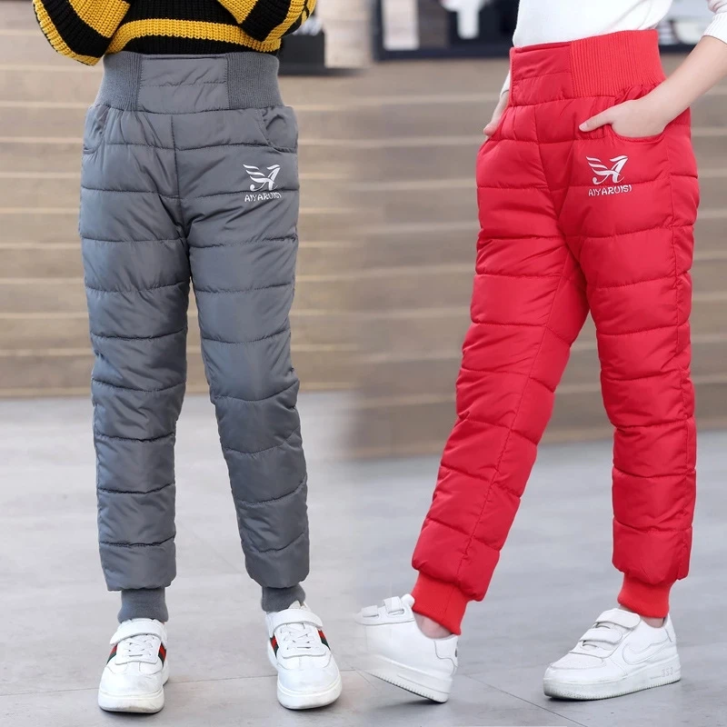 

Winter New Girls Boys Down Pants Kids Warm Thicken Trousers High Quality Teens Ski Down Padded Pants Girls Fashion Down Trousers