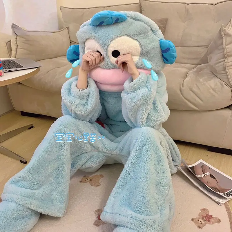 Cartoon Big Mouth Monsters Pajamas Funny Jumpsuit Thicken Men's Women's Coral Fleece Homewear Couples Hooded Sleepwear Girl Gift