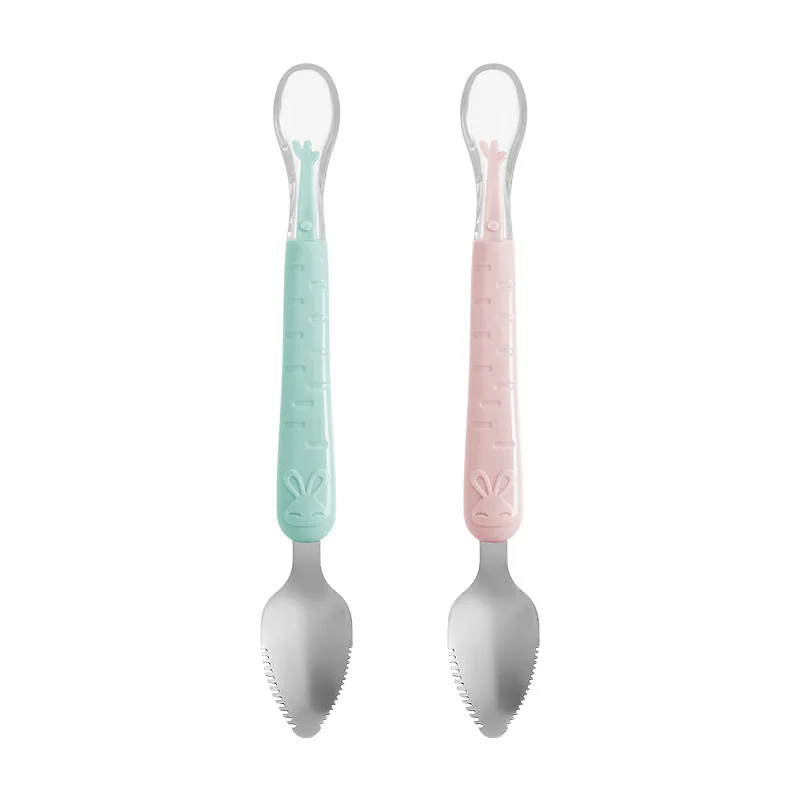 Baby Food Feeding Spoon Stainless Steel Scraping Silicone Soft Spoon Infant Tableware Utensil With Box Children Toddler Cutlery