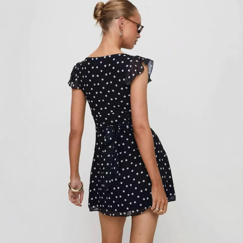 Princ Polly Spring Polka Dot V-ne  Dr with Pleated Waist Ties And Bell Sves Women's plus Size A-line Dr