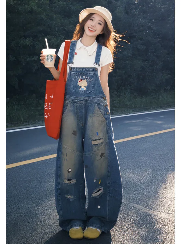 

Женские джинсовые комбинезоны с вышивкой в стиле ретро, весна-лето, с высокой талией, свободного кроя, широкие штанины, эффект стройности