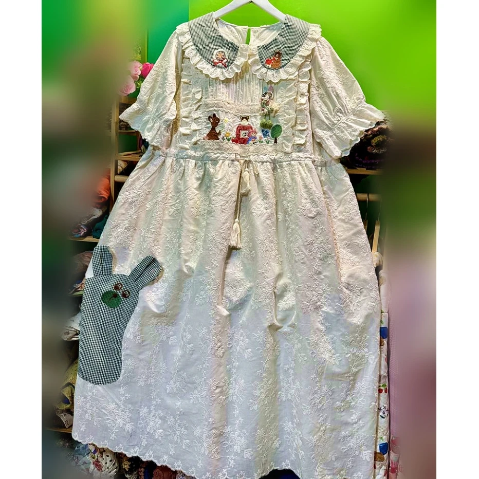 

Female Cotton Summer Goblincore Vintage Lace Kawaii Sweet Midi Dress Mori Girl Retro Chic Harajuku Evening Lolita Long Dress