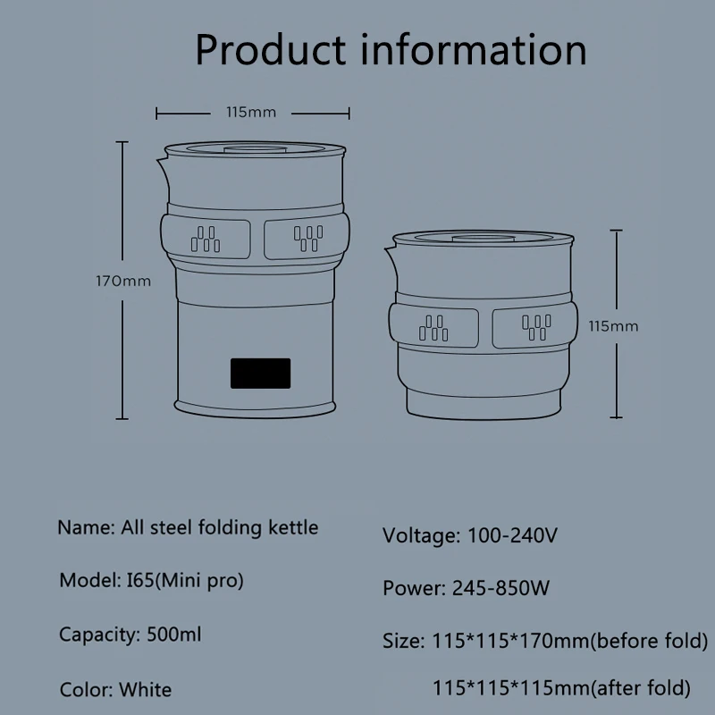 100-240V Folded Electric Kettle Split Type Water Kettle Portable Hot Pot Stainless Steel Heating Cup Compressed Travel Kettle