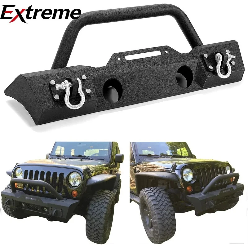 Front Bumper Compatible With 2007-2024 JK JL Gladiator JT/Fog Light Housing & D-Rings Steel Powder Coated Black