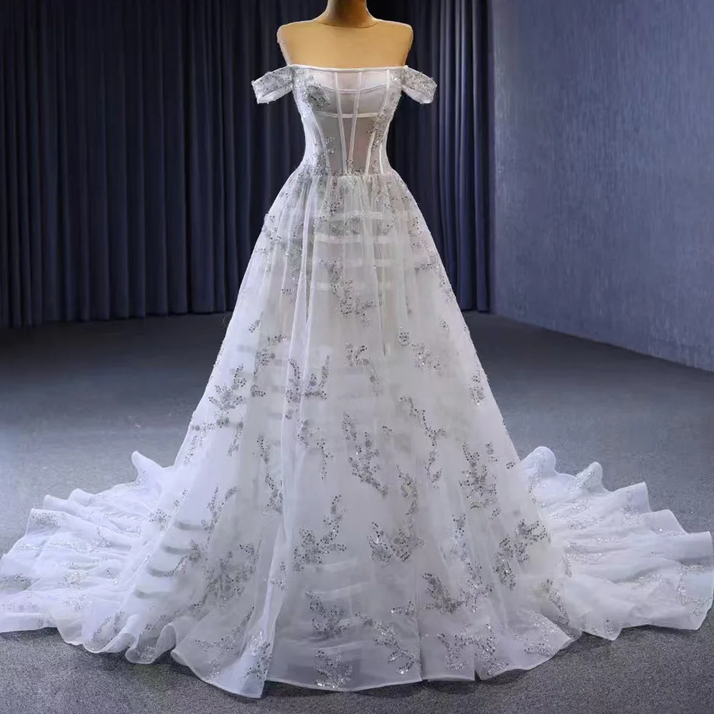 Luxury Strapless Off-The-Shoulder Bridal Dress Lace-Up Back Sequined Wedding Gown Customizable