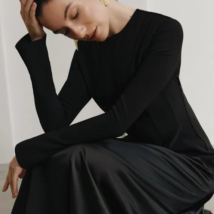 Faionable Long Sve Splicing Dr Ele Платье трапециевидной формы с высокой талией для женщин Ele Evening Dr Sli Long Dr