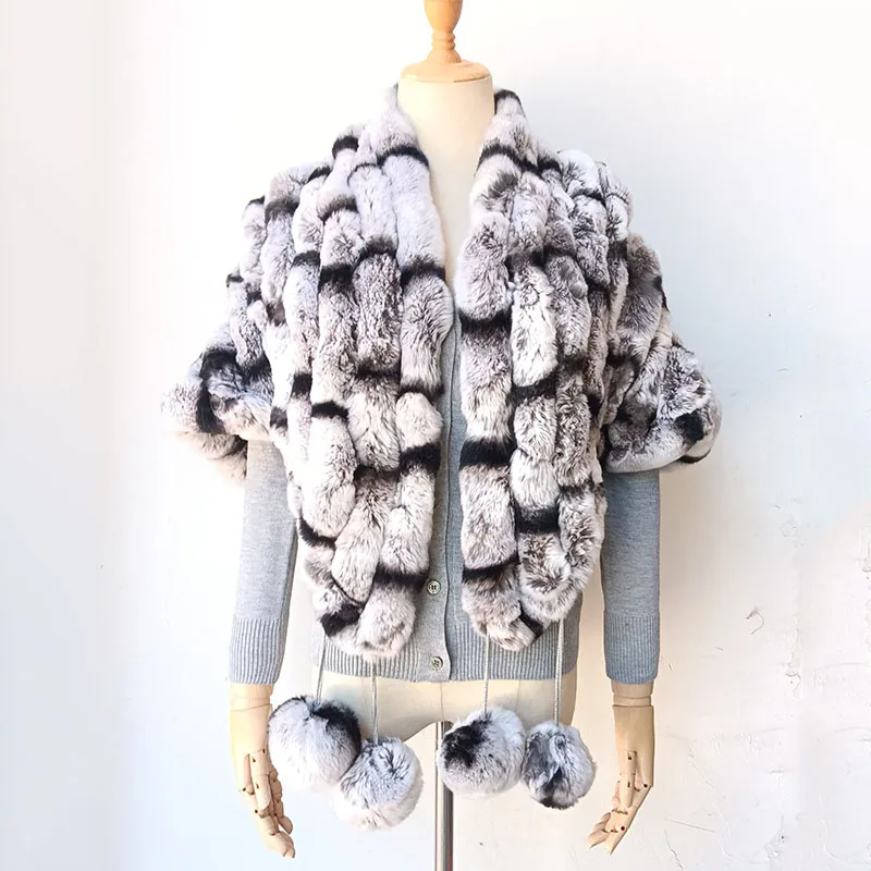 2023 Hot sale Winter Warm Women Real Rex Rabbit Fur Shawl Fashion Thick Female Genuine Fur Wrap With Fur Pom pom