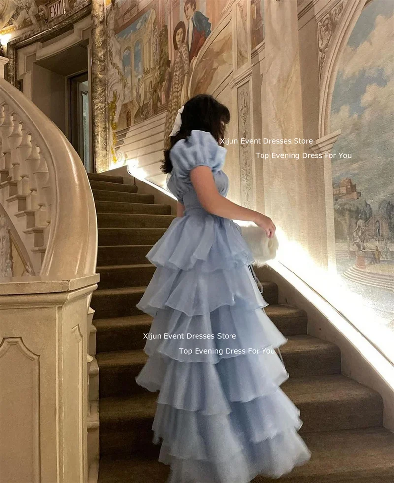 Xijun Baby Blue Princess Evening Dresses Organza Tiered Ruffles Party Dresses Short Sleeves Square Neck Birthday Dresses Luxury