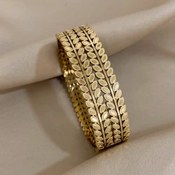 Greatera Chunky Layered Leaf Stainless Steel Bangles Bracelet for Women Gold Plated Wheat Wide Cuff Bracelet Waterproof Jewelry