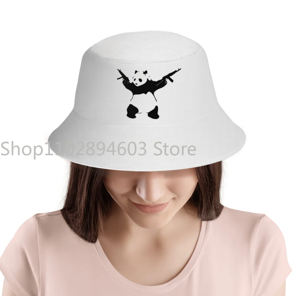 Summer Banksy Panda Holding Assault Rifles Bucket Hats Unisex  Outdoor Travel Foldable Bob Fisherman Hats Girls Boys Fedoras Cap