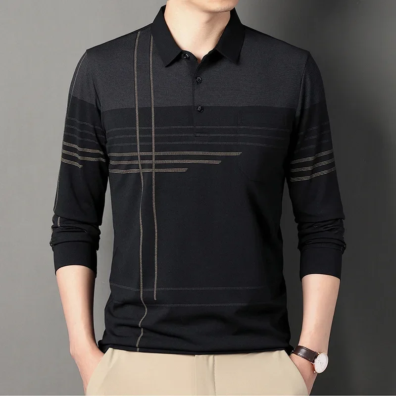 POLO de manga larga con solapa para hombre, camiseta informal a rayas con cinturón y bolsillo oculto, primavera y otoño, novedad de 2024
