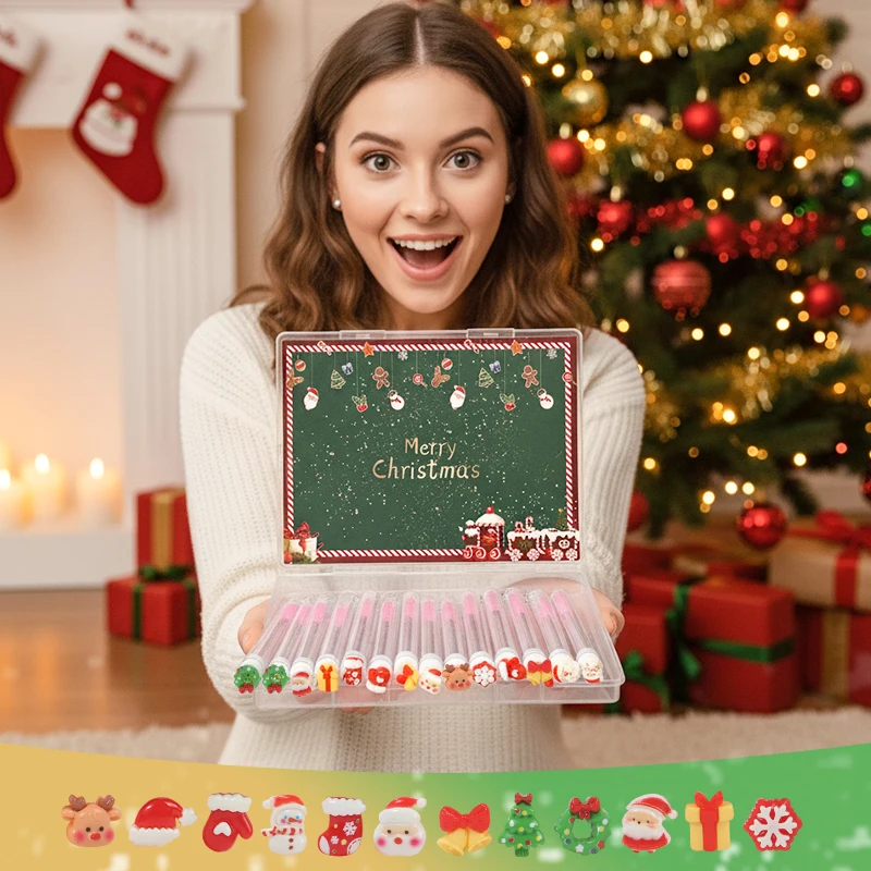 14 pièces coffret cadeau Mascara de Noël ensemble de pinceaux à cils-Père Noël flocon de neige conception Mascara baguette pinceaux de maquillage, brosse à cils de voyage