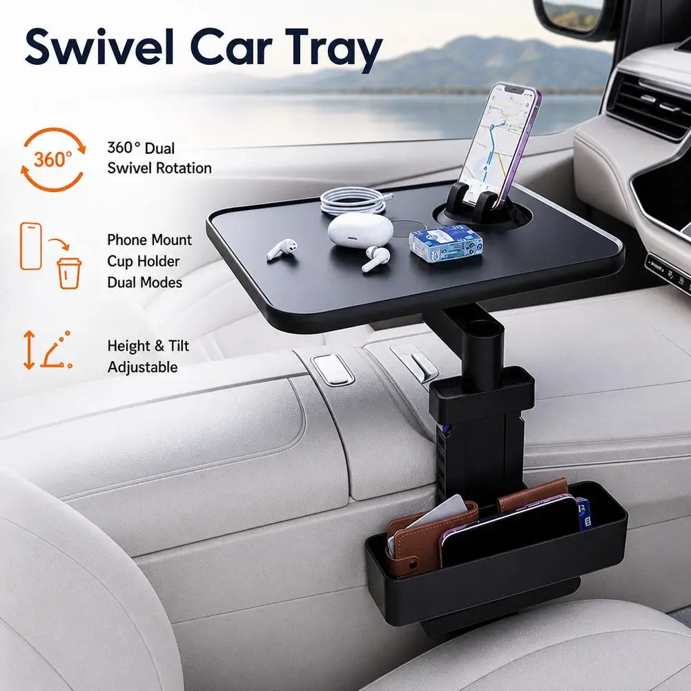 Car Cup Holder With Tray,360° Dual Swivel Rotation Car Mounted Suspended Small Table Board Universal Multifunctional Car Table