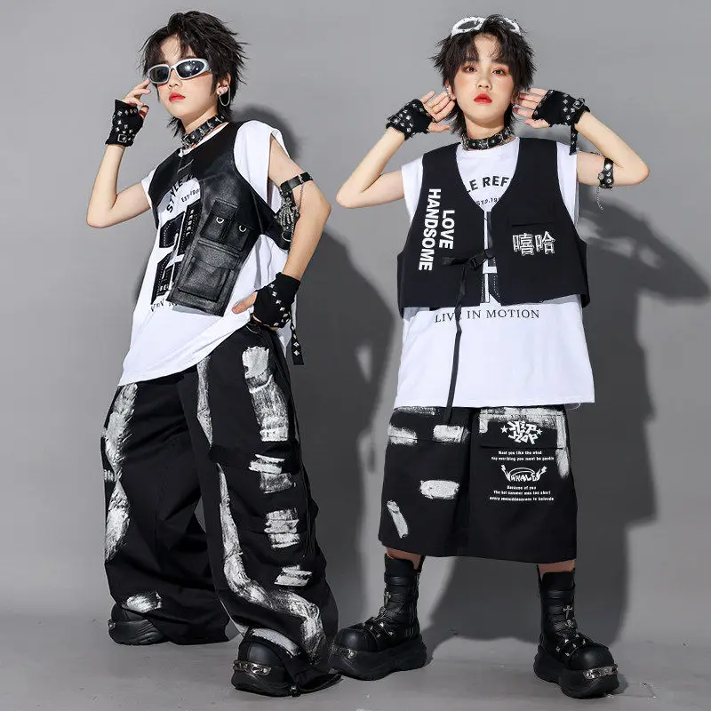 

Street Dance Clothes For Children Hip Hop Performance Costume White Top Black Pants Boys Fashion Jazz Dance Stage Outfit AMY3790