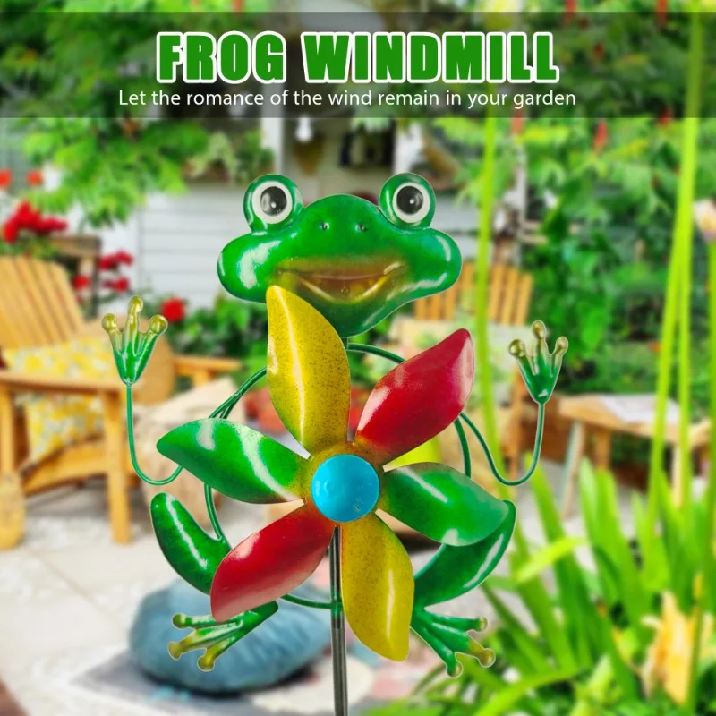

Outdoor Metal Frog Windmill Whimsical Lawn Ornament Weather Resistant Cute Nice Garden Frog Sculpture Yard Patio Decoration