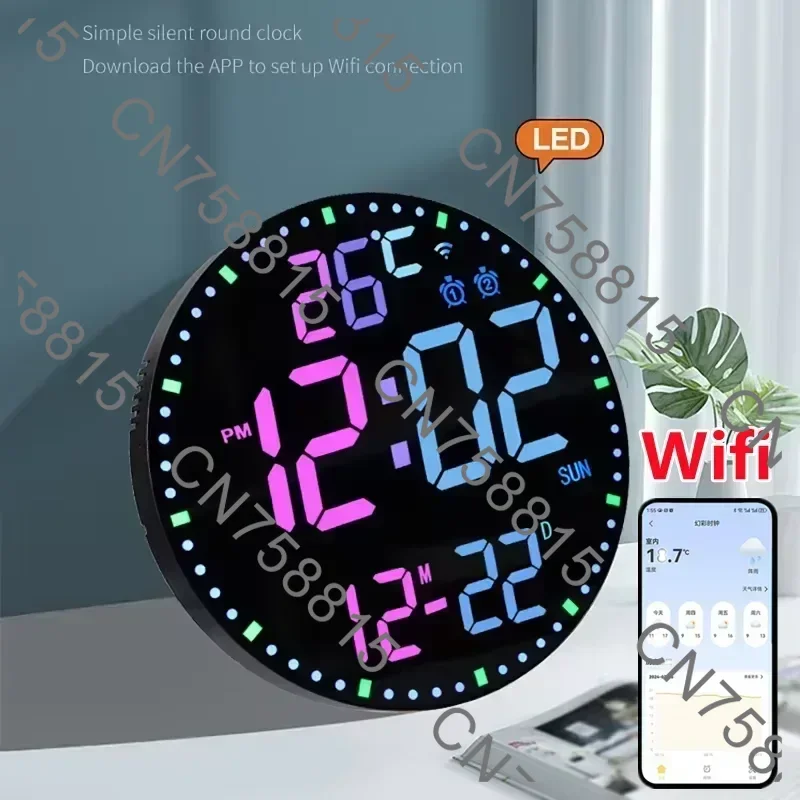 Dual Alarms Digital Clock 12/24h HomeDecor Remote,Smart Wifi Colorful LED Large Digital Wall Clock Temperature Date Week Display