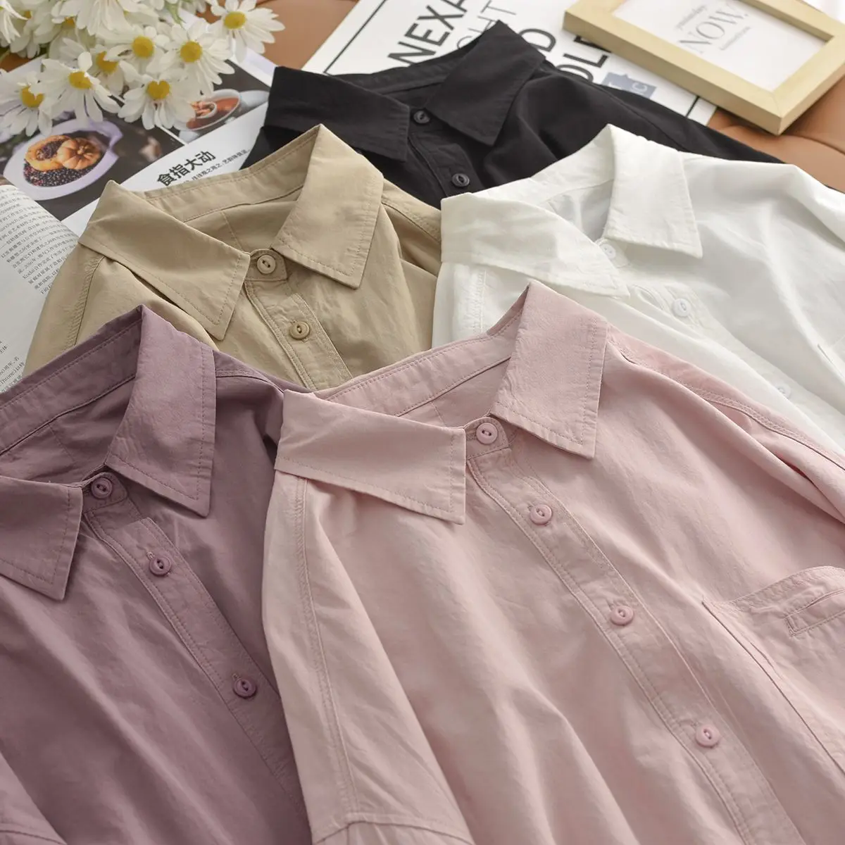 화이트 베이직 오버사이즈 버튼업 셔츠 여성 여름 코튼 오피스룩 루즈 블라우스 여성 옐로우 셔츠 긴팔