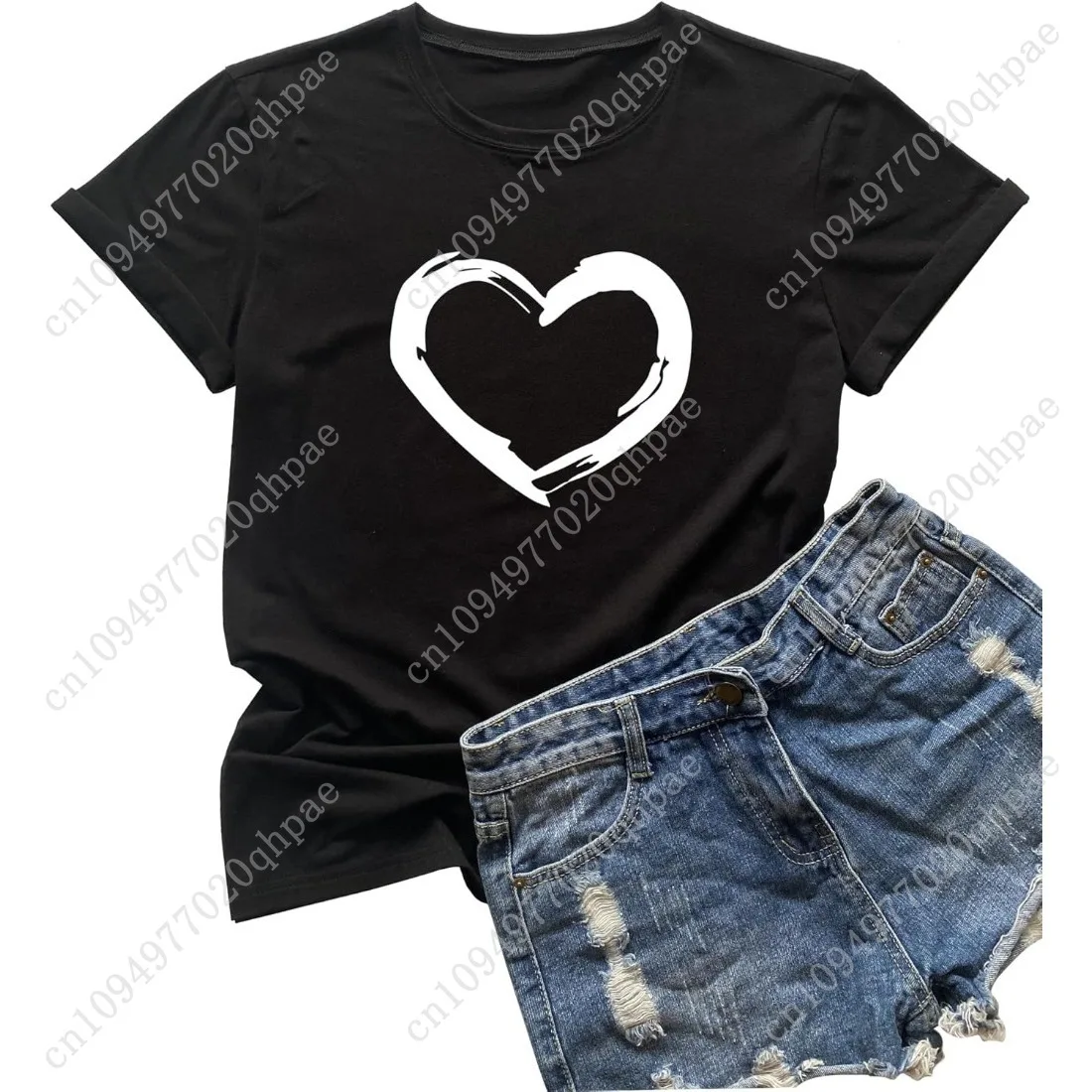 

Women Cute Heart Graphic Crewneck T-Shirt Funny Short Sleeve Casual Tee Tops