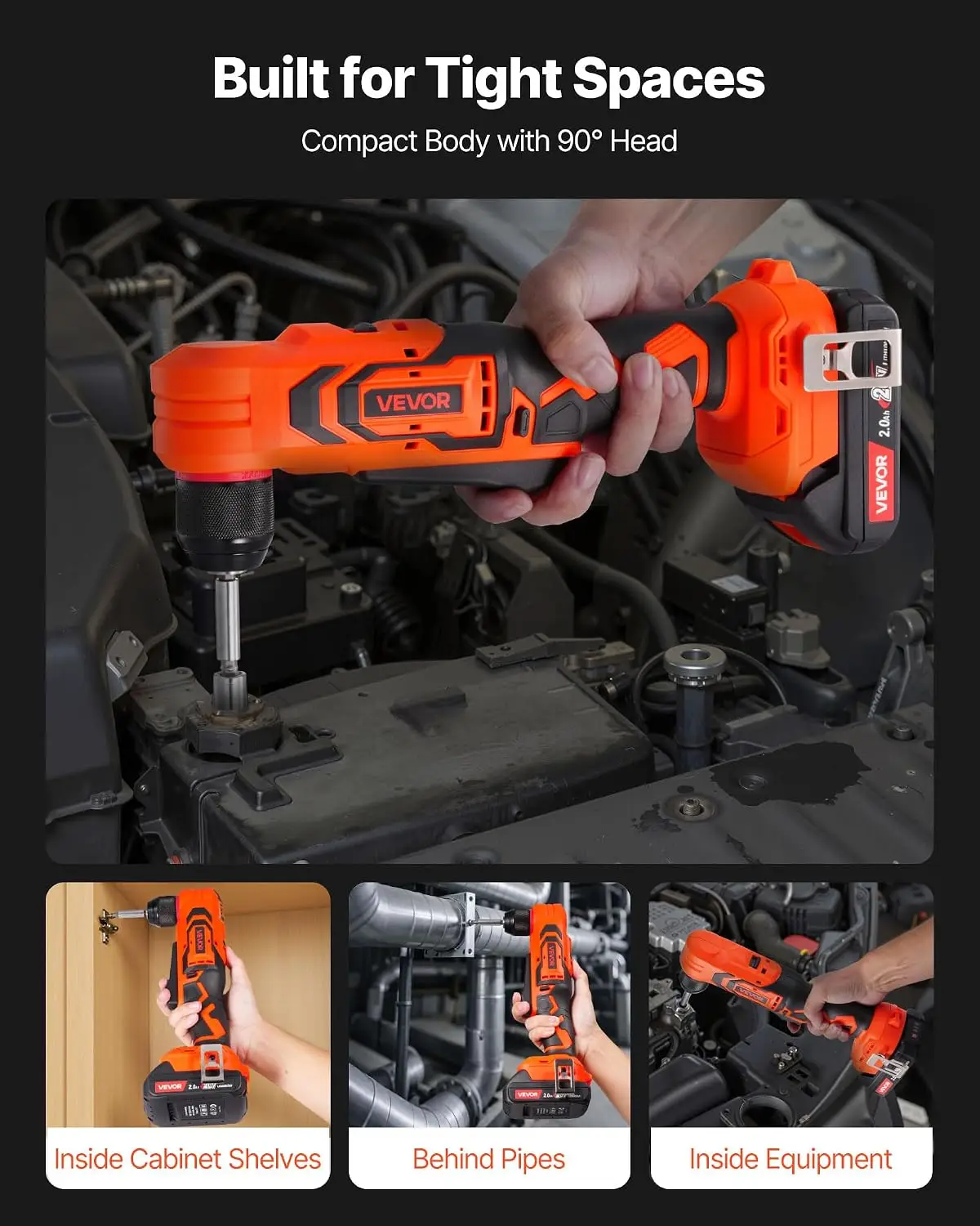 Right Angle Drill, 3/8 Inch Chuck, 90 Degree Cordless Right Angle Drill with Brushless Motor, Battery, Charger, and Belt Clip, A