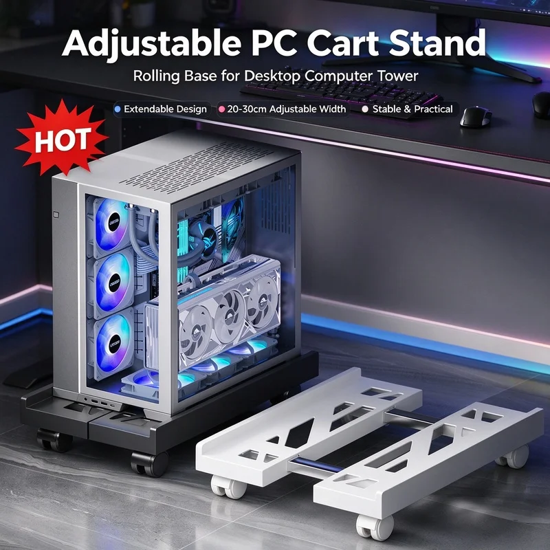 Under Desk Mobile PC Tower Stand with 4 Rolling Casters Adjustable Ventilated Computer Case Holder Space Saving PC Bracket