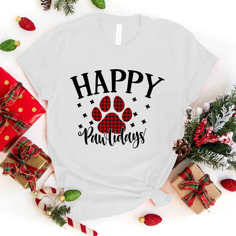 Christmas Happy Pawlidays Print T-Shirt Women Men Summer Casual Short Sleeve Round Neck Tops Fashion T-Shirts(Premium T-shirt)