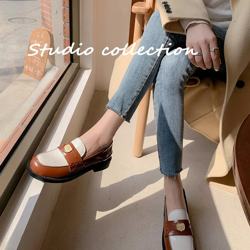 

MKKHOU Fashion Loafers New High-Quality Leather Round Toe Color-Blocking Comfortable Low-heeled Women Shoes Daily Light Shoes