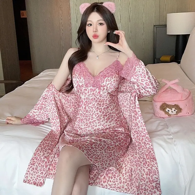 

Summer 2PCS Silk Satin Sexy Leopard Lace Lingerie Nightgowns Robe Sets For Women Bathrobe Sleepwear Suit Nightdress Night Dress