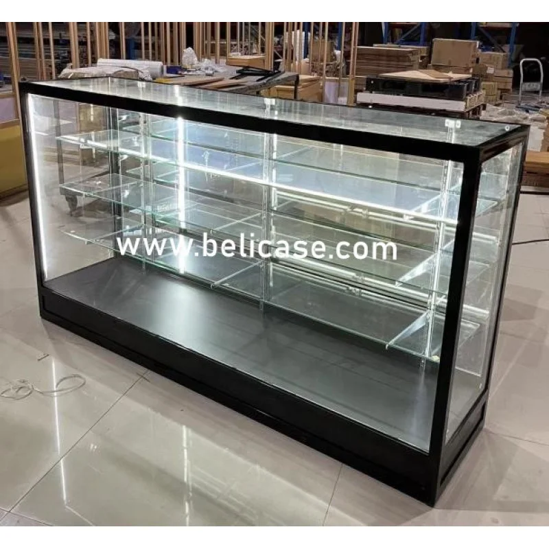 （customized）Retail Shop Black FullShowcase Counter Aluminum Frame Glass Showcase with LED Glass Display