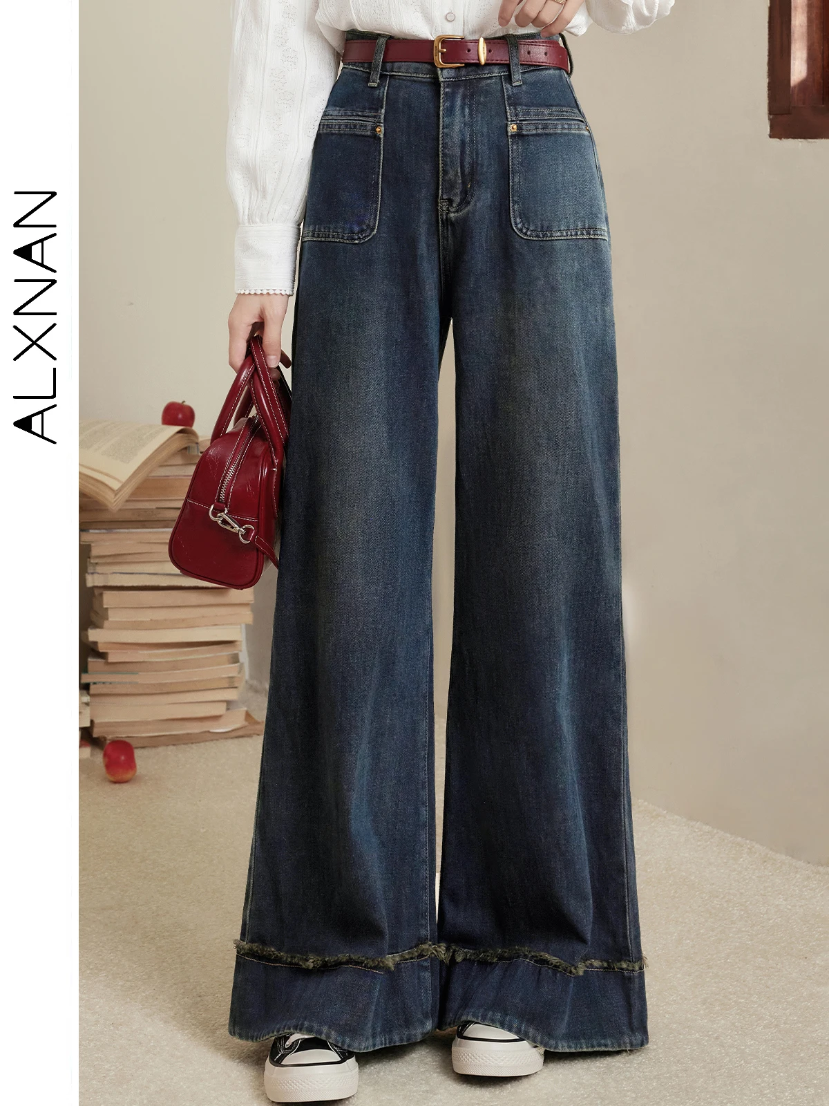 ALXNAN Dames Diepblauwe Jeans 2024 Herfst Winter Vintage All-Match Hoge Taille Rechte Losse Wijde Pijpen Broek Vrouwelijke Bodems L50301