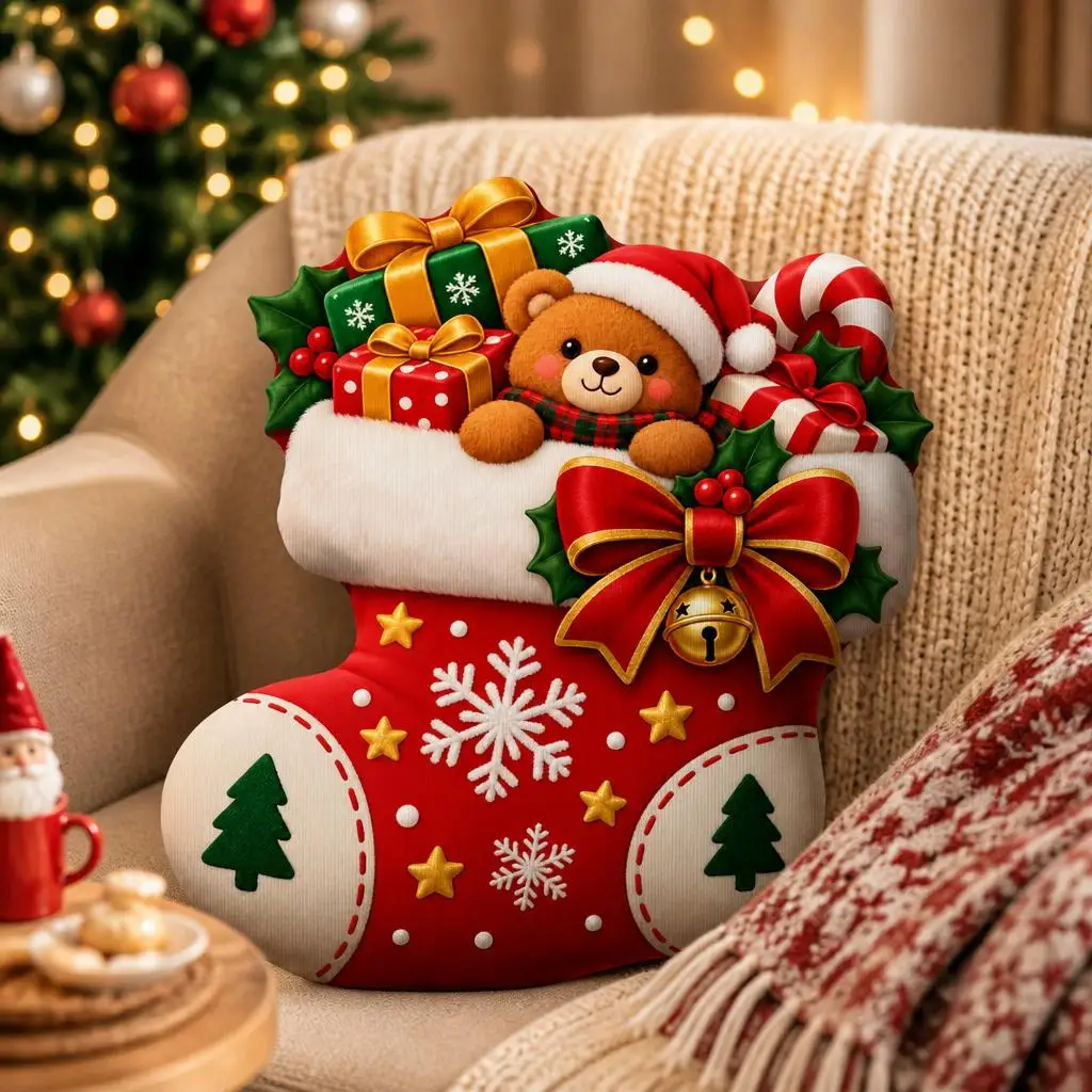 Christmas Stocking Pillow Cute Teddy Bear Cushion Shaped Stuffed Throw Pillow Decorative for Sofa Home Decor Seasonal Gift